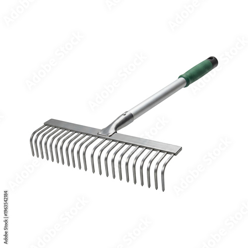 Durable metal garden rake with a long handle and green grip, essential for efficient landscaping, leaf collection, and soil preparation in any backyard or outdoor space