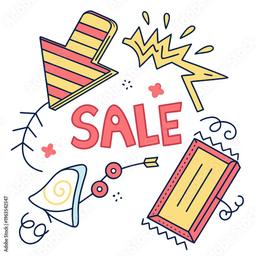 Retro hand drawn sale graphic illustration featuring a striped arrow lightning bolt and abstract doodle elements for promotional retail advertising marketing shopping discounts and special offers