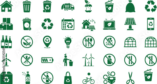 A collection of eco-friendly recycling icons in an array, embodying sustainability and environmental awareness, illustrating diverse concepts of environmental protection and responsibility.