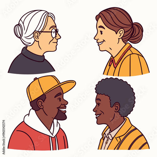Comprehensive set of diverse people profile portraits featuring different ages genders and ethnicities in a minimalist flat line art style for community inclusion and social representation concepts