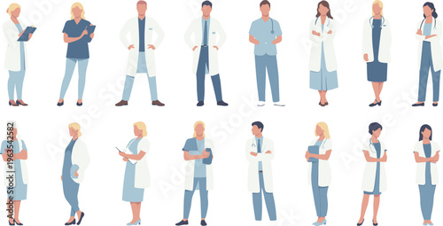 Diverse healthcare professionals collection, doctors and nurses team in medical uniforms, hospital staff characters, modern flat vector illustration set isolated