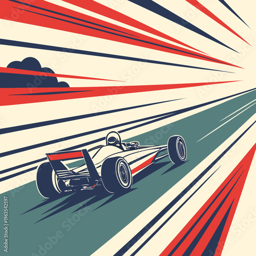 Vintage style racing car illustration with dynamic speed lines and retro motion background for sports and automotive graphics featuring a classic open wheel formula racing vehicle concept design