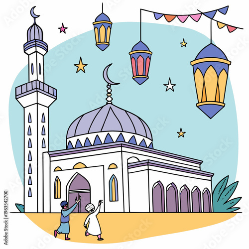 Minimalist islamic mosque illustration with crescent moon and decorative lanterns with middle east