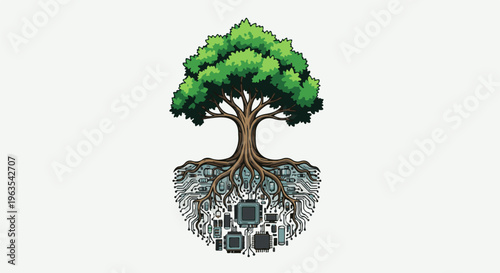 Pixelated tree with roots intertwined with circuitry and processors