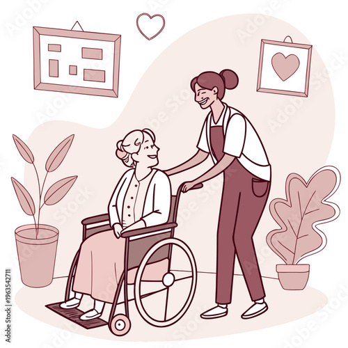 Caregiver pushing elderly woman in wheelchair illustration with line art with health care with assisted living