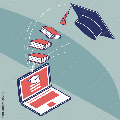 Online education concept: laptop, graduation cap, and books transforming into digital learning on a modern device, e learning, remote learning