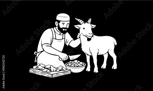 Eid al Adha Qurbani Illustration with Goat and Butcher – Islamic Festival Concept