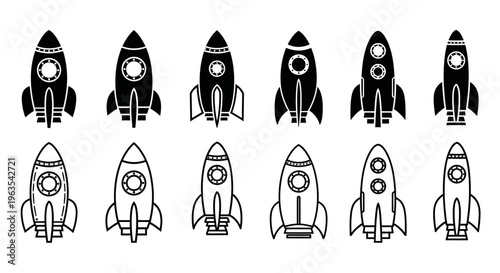 Collection of black and white rocket ship illustrations