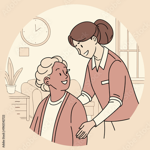 Home caregiver assisting elderly woman with warm interaction with line art with health care