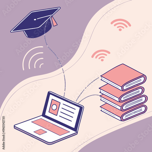 Online education concept with laptop graduation cap and books with e learning