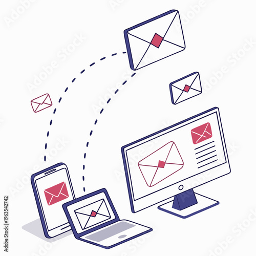 Digital message exchange: computer, laptop, and smartphone synchronized for seamless email and messaging, online advertising, email communication, smart device, unified communication