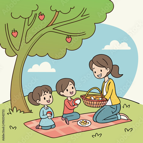 Cartoon illustration of a happy family enjoying a sunny picnic under a tree