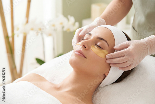 Woman relaxing in spa clinic. Beautician in medical gloves applying golden hydrogel eye patches for skin rejuvenation and anti-aging skincare.