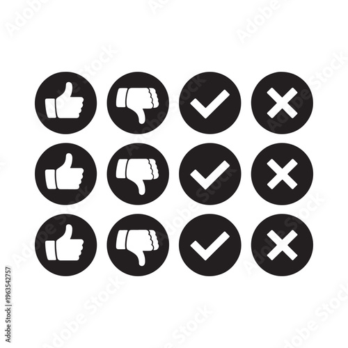Black and white icons depicting thumbs up down check and cross marks