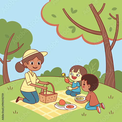 Kids and mother having a joyful picnic at the park illustration
