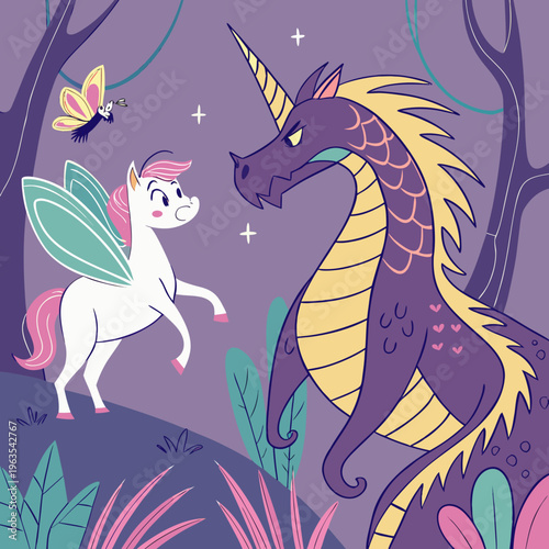 Fantasy illustration featuring a flying pony and a dragon in a magical forest