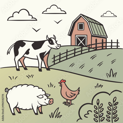Farm scene illustration with cow pig and chicken by a traditional barn