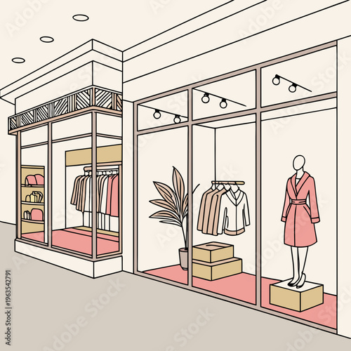 Clothing boutique store window display featuring mannequin in a modern minimalist line art style