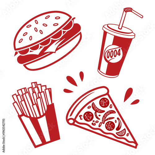 Fast food menu icons set with hamburger soda french fries and pizza in monochrome red line art