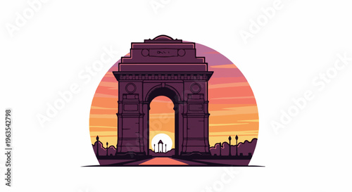Pixelated arch monument against a sunset sky with a circular horizon
