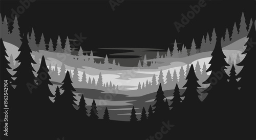 Pixelated grayscale forest scene with layered trees and a winding river