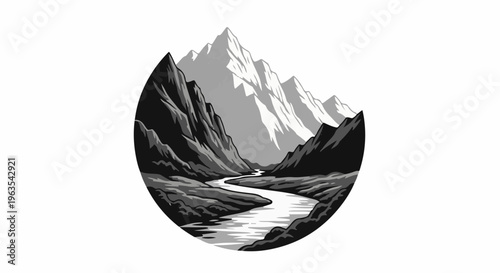 Pixelated grayscale mountain valley with winding river in circle