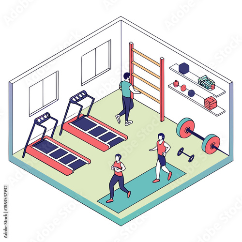 Isometric gym fitness center with people exercising on equipment