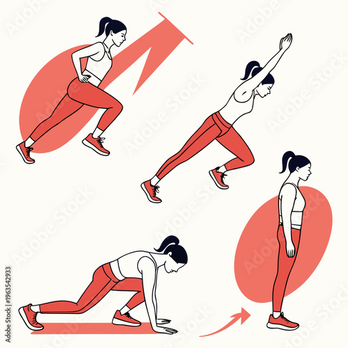 Woman performing fitness exercises and bodyweight workout poses