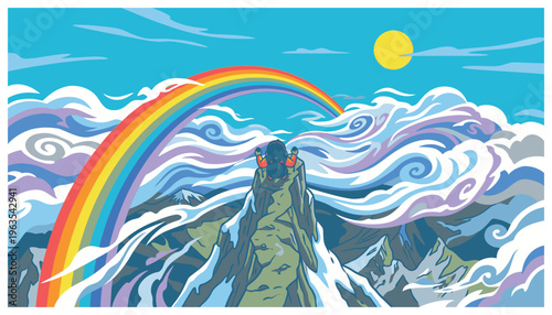 Vibrant rainbow over mountain landscape with sun.