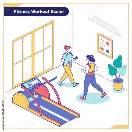 Isometric gym workout illustration with people training on treadmill