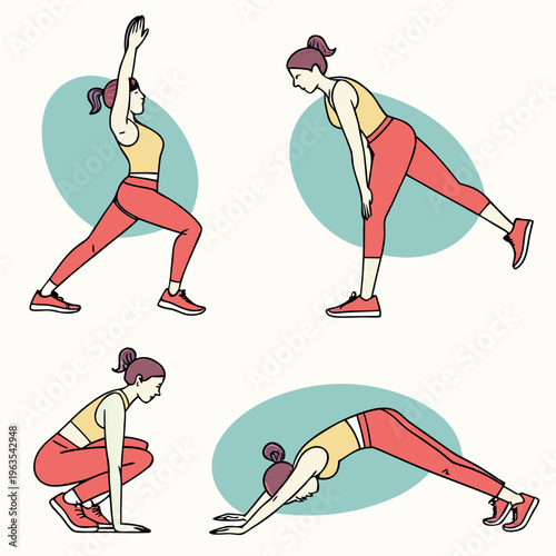 Woman practicing yoga poses and dynamic fitness stretches collection
