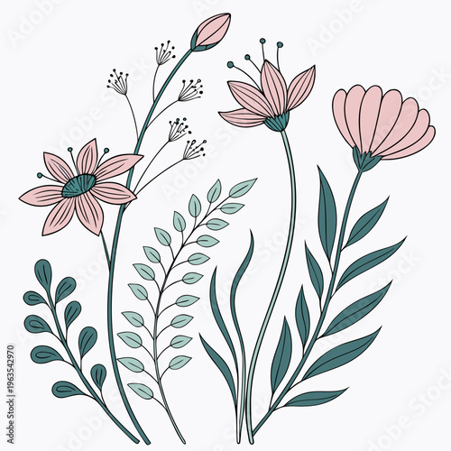 Hand drawn wildflower bouquet with foliage and botanical elements