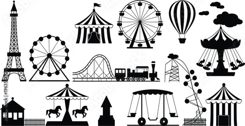 Amusement park silhouette set, carnival rides icons, ferris wheel circus tent roller coaster vector, black isolated theme park illustration