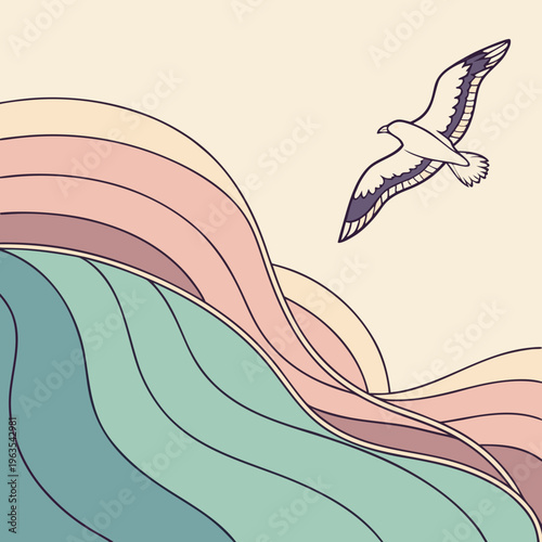 Minimalist line art illustration of a flying seagull over pastel ocean waves in a retro beach style aesthetic