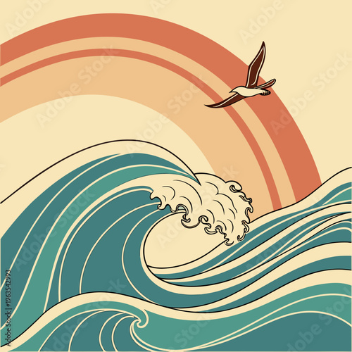 Vintage style illustration of a powerful ocean wave with a flying seagull and retro rainbow arc background