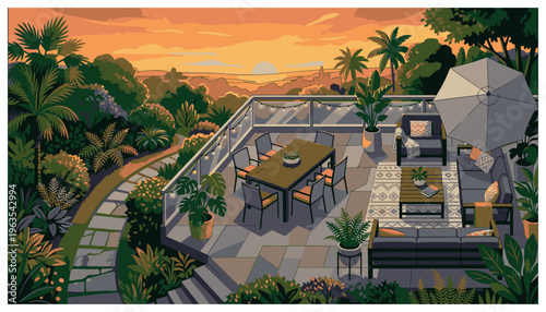 A serene outdoor patio at sunset.