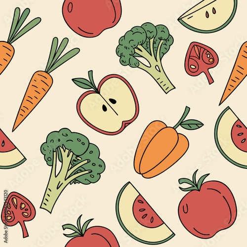 Seamless pattern of fresh fruits and vegetables hand drawn healthy food background