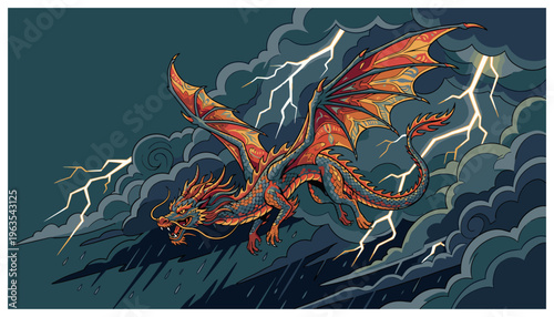 Dragon flying through stormy weather conditions.