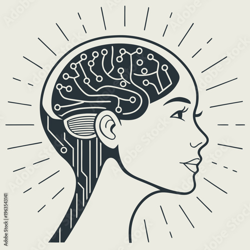 Artificial intelligence human profile head with neural network brain circuit diagram icon