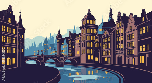 Pixelated cityscape with illuminated buildings and canal at twilight