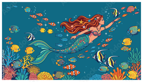 Mermaid swimming with colorful fish underwater.
