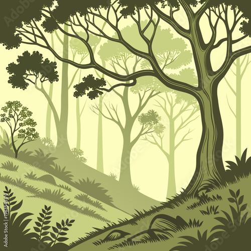 Lush woodland forest scenery with large trees and gentle slope in a serene nature illustration style with forest floor