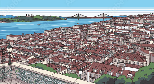 Pixelated cityscape with red roofs, river, and bridge under sky