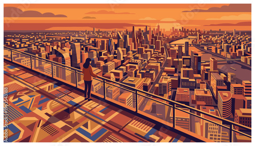 A person standing on a rooftop overlooking a cityscape at sunset.