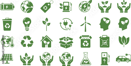 Eco-friendly icons collection, illustrating diverse concepts of environmental sustainability and renewable energy, all presented in a clean, modern graphic style.