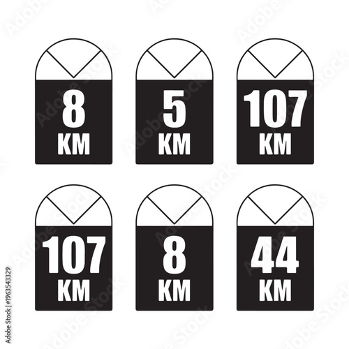 Black and white road signs displaying distances in kilometers