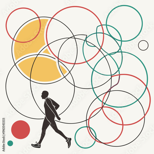 Abstract illustration of a runner in a circle pattern background, minimalist artistic human figure in motion design, flat vector art with geometric shapes and line work, modern colorful composition