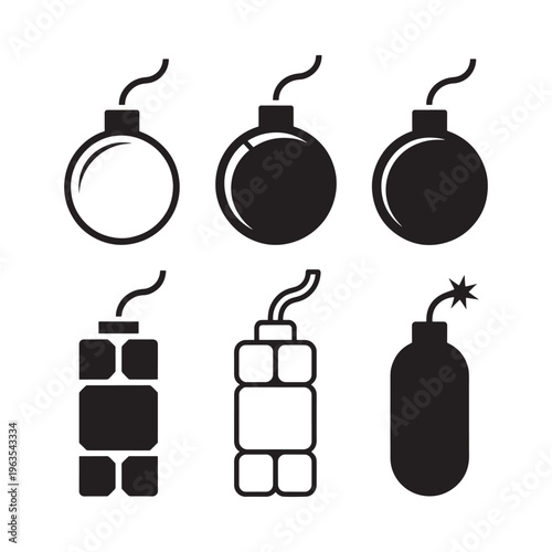 Black and white illustration of various bomb and explosive device icons