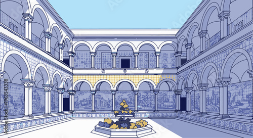 Pixelated courtyard with tiled walls, arches, columns, and fountain