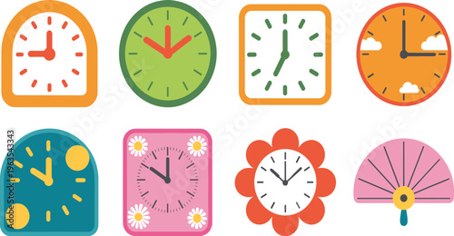 Colorful cartoon clock set illustration, cute wall clocks collection, time concept vector icons, modern design isolated on white background